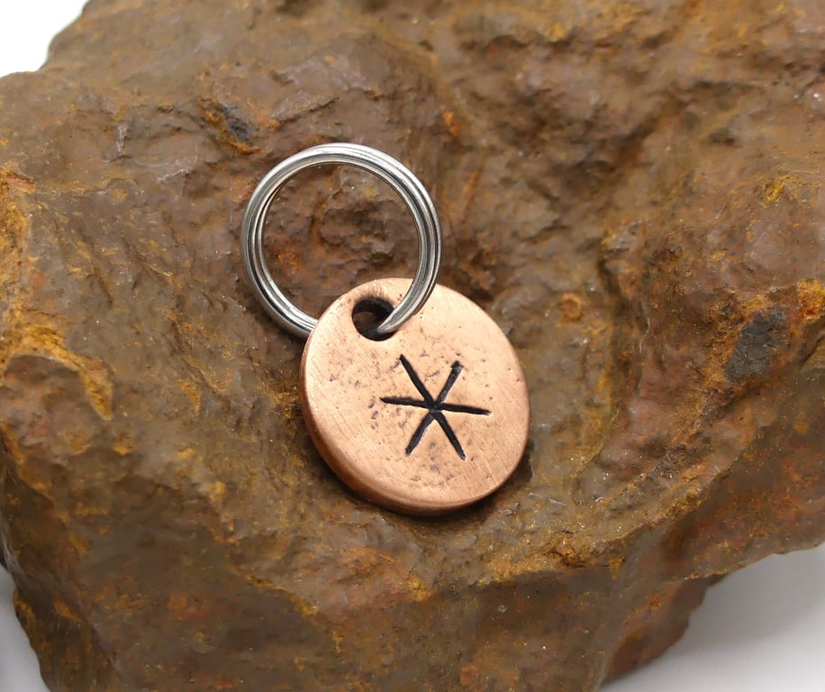 Recycled Round Copper Strength Bindrune Keyring Charm, Bag Charm.