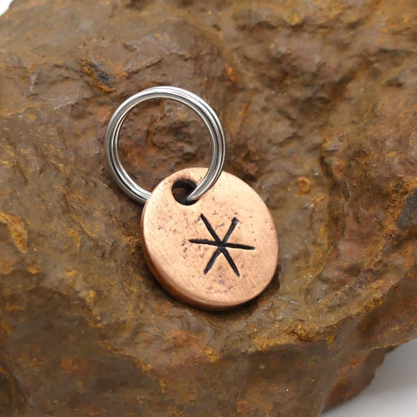 Recycled Round Copper Strength Bindrune Keyring Charm, Bag Charm.