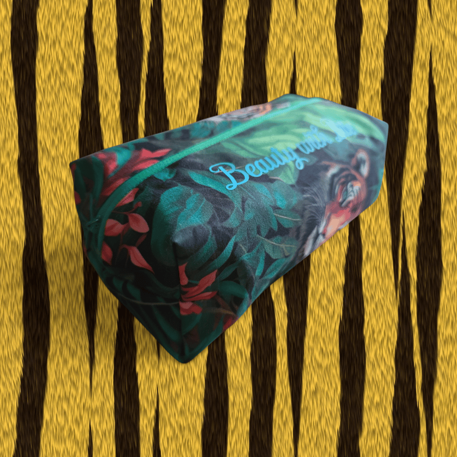 Handmade Large tiger print wash bag with beauty with bite