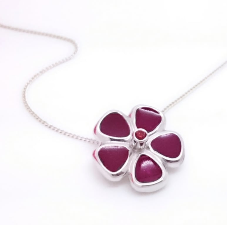 Sterling silver, garnet and Enamel Flower Pendant