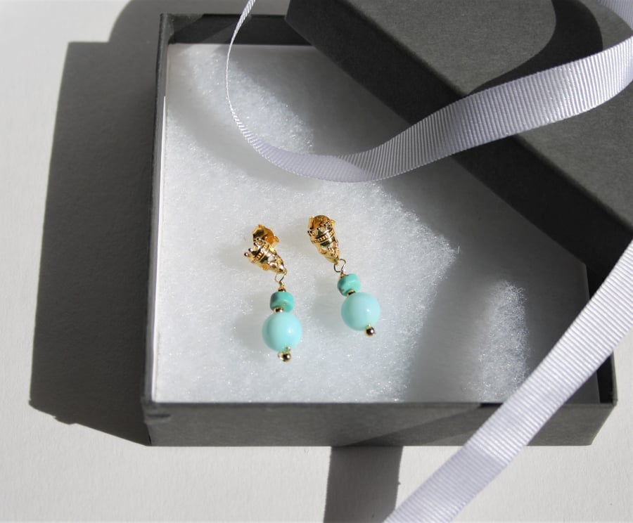 Opal & Turquoise, Quirky Gold Plated Sterling Silver Skull with Crown Earrings