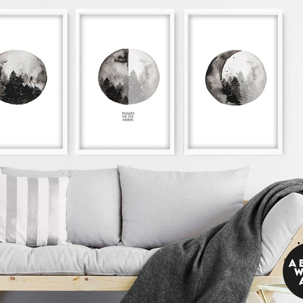 Moon phases wall hanging, watercolor wall art prints set of 3, new apartment hou