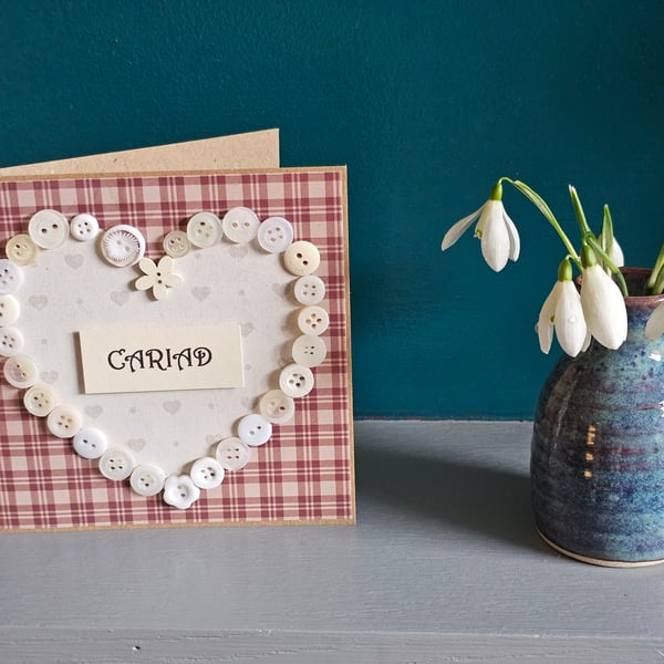Cariad Welsh Square Button Heart Card Size 5" x 5" (12.5cm x 12.5cm)