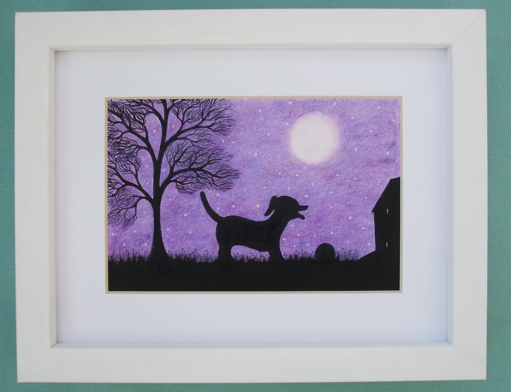Dog Picture, Framed Art, Labrador and Ball Silhouette, Purple Print, Tree Moon
