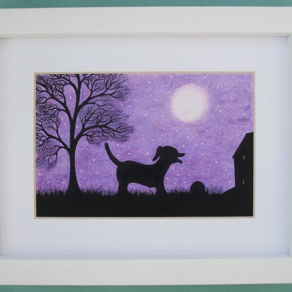 Dog Picture, Framed Art, Labrador and Ball Silhouette, Purple Print, Tree Moon