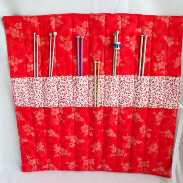 knitting needle roll or tunisian crochet hook holder, red and white