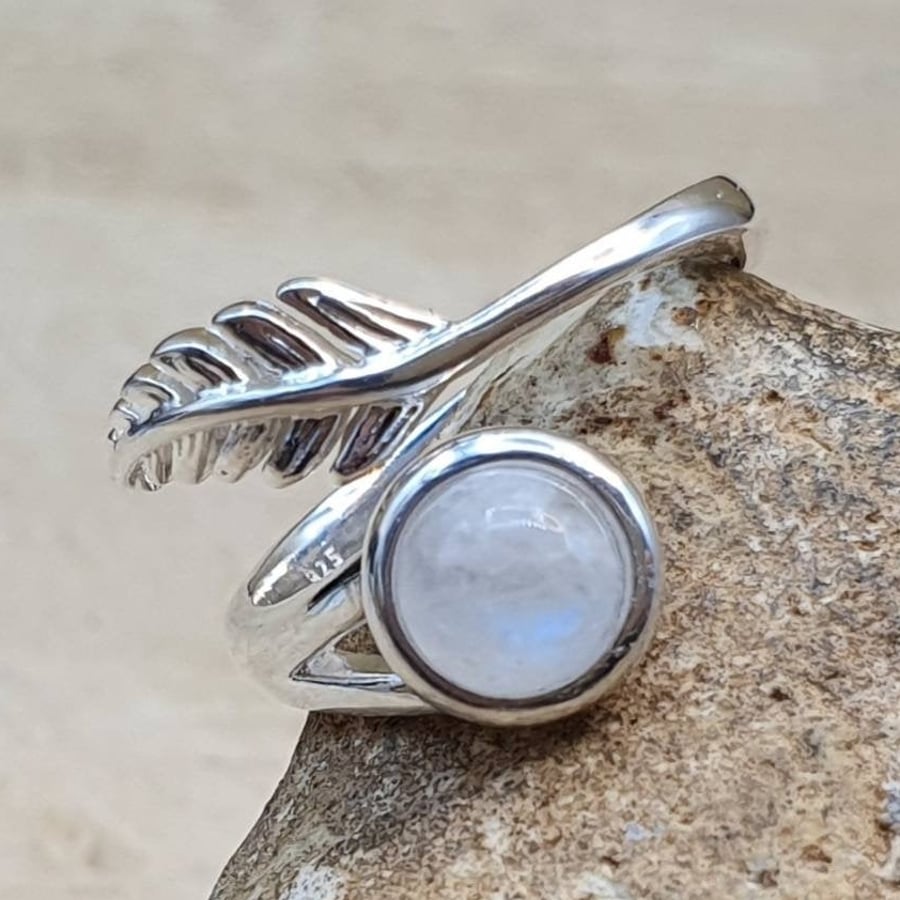Moonstone Feather ring. Size N, June Birthstone. 925 sterling silver rings