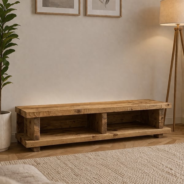 Rustic Wooden Low Rise TV Unit with Dividers 