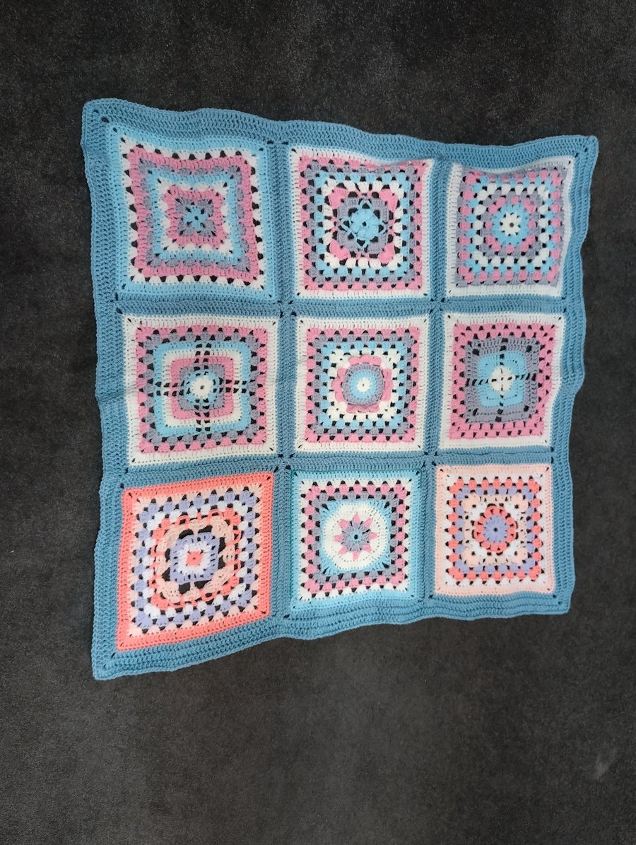 Blue & Pink Granny Square Crochet Baby Blanket 75cm Square - Acrylic