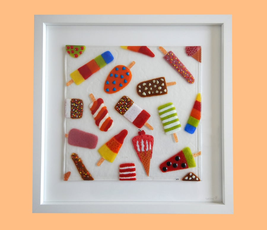 HANDMADE FUSED GLASS 'ICE-LOLLY' PICTURE.