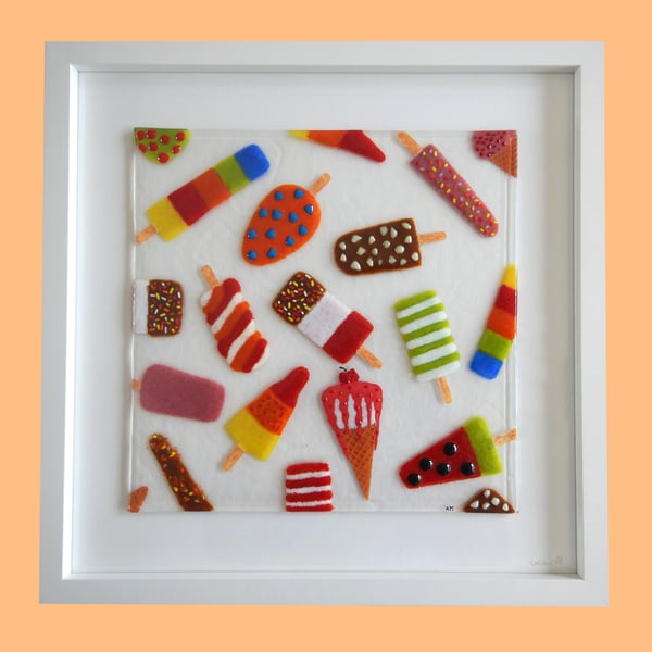 HANDMADE FUSED GLASS 'ICE-LOLLY' PICTURE.