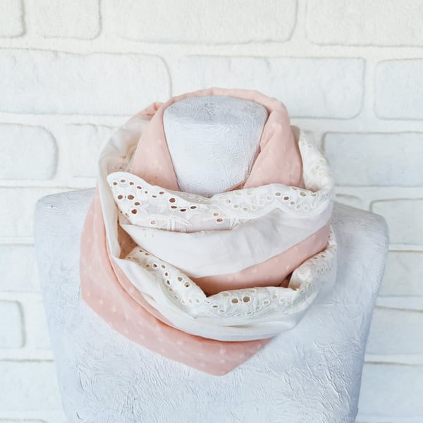 White embroidered cotton and pink polka dots infinity recycled shawl