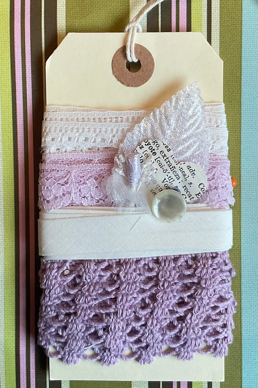 Vintage trim lace etc on a tag! Lovely gift ….with surprise freebie!