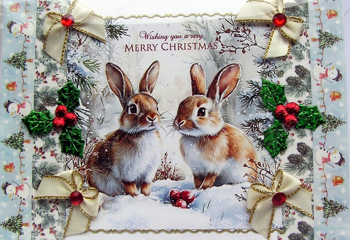 Hand Crafted Decoupage Chistmas Card - Merry Christmas (3408) - Rabbits in Snow