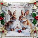 Hand Crafted Decoupage Chistmas Card - Merry Christmas (3408) - Rabbits in Snow