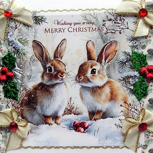 Hand Crafted Decoupage Chistmas Card - Merry Christmas (3408) - Rabbits in Snow