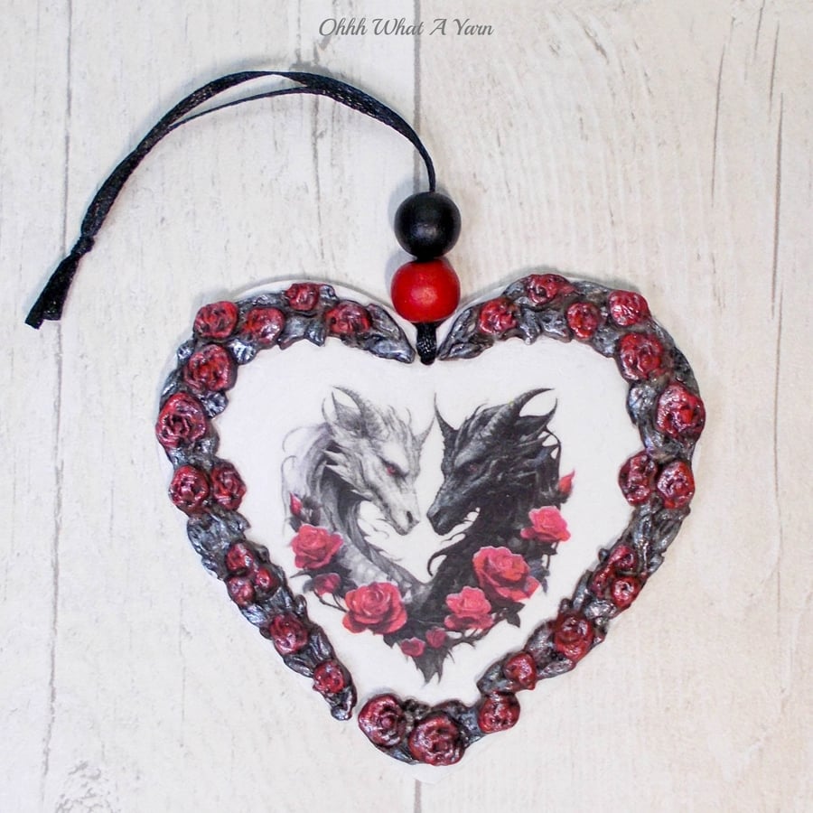 Dragon hanging heart. Mixed media dragon hanging heart. Dragon heart.