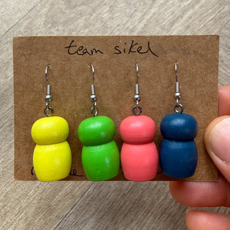 Set of Four Wooden Game Piece Earrings : Mix and Match Yellow, Green, Blue, Pink