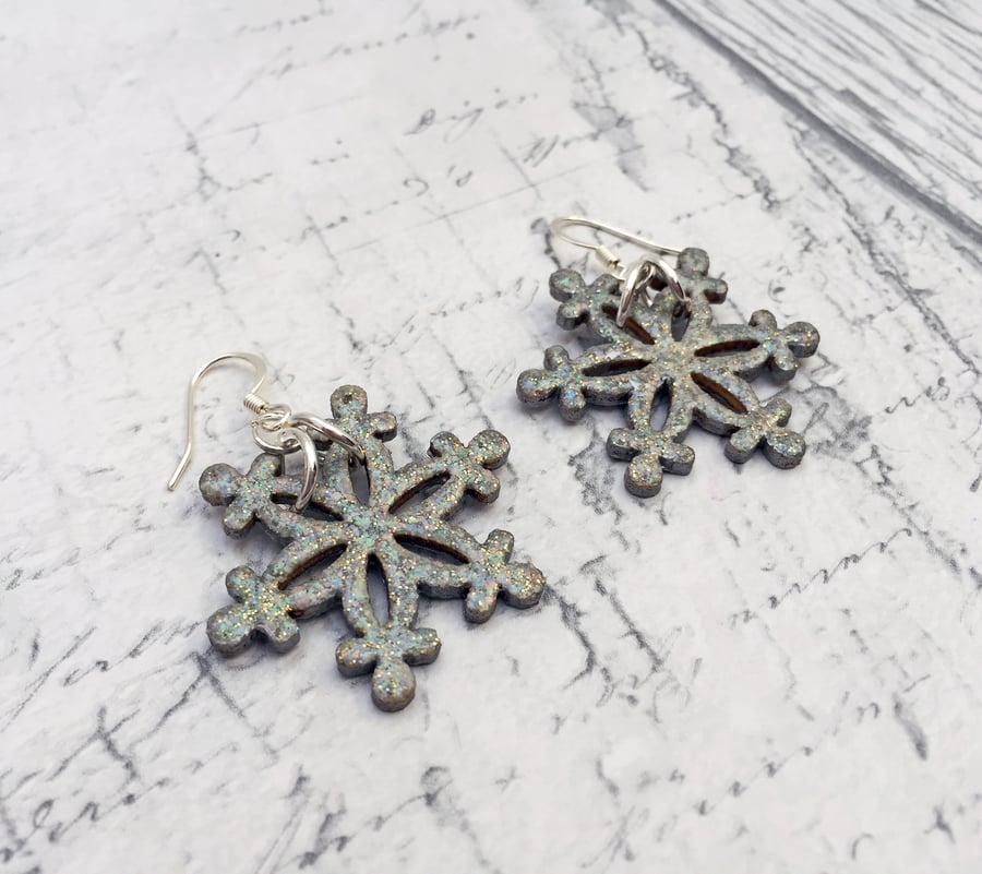 Green sparkle Snowflake dangle earrings winter inspired rustic country charm