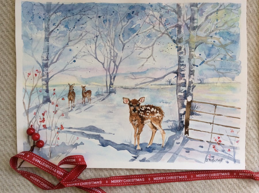 Original Christmas watercolour painting of deer in snow.