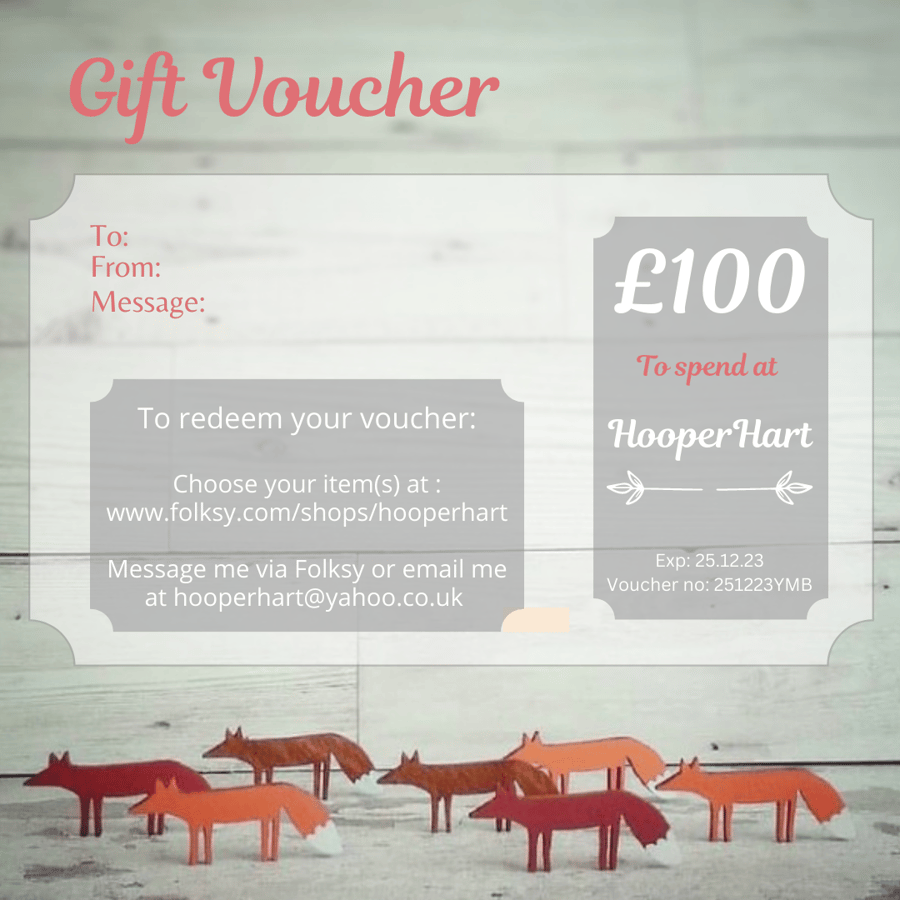 HooperHart Gift Voucher for One Hundred Pounds (sent by email) 