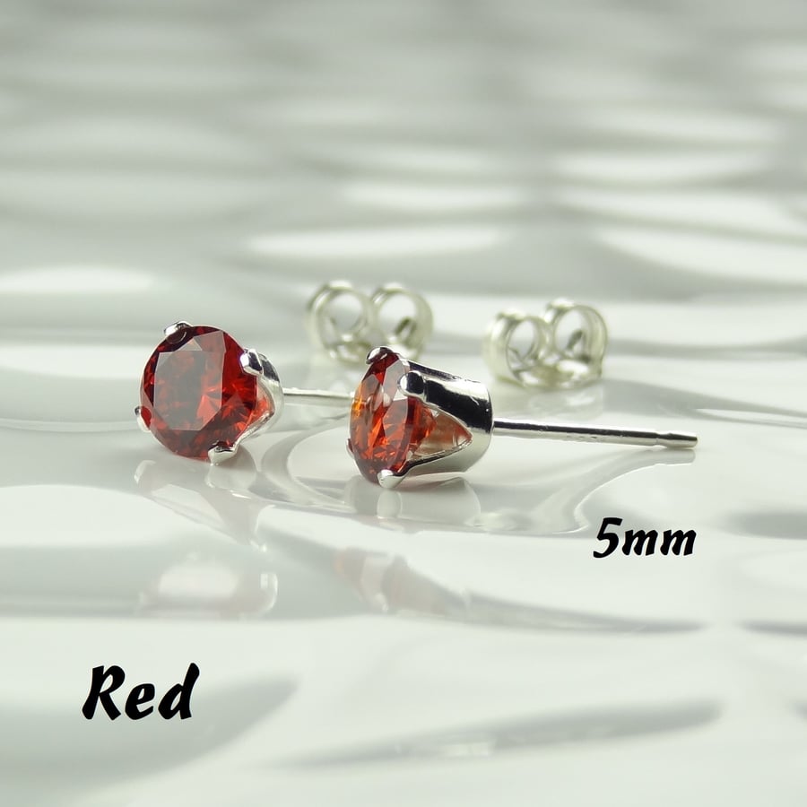 Cubic Zirconia stud earrings, sterling silver or 14k gold filled, red, 5mm