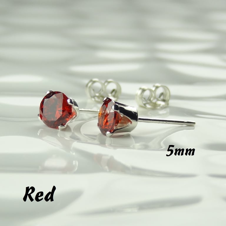 Cubic Zirconia stud earrings, sterling silver or 14k gold filled, red, 5mm