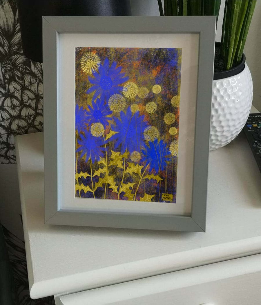 Azure blue flowers and gold dandelions. A4  print by Nina martell