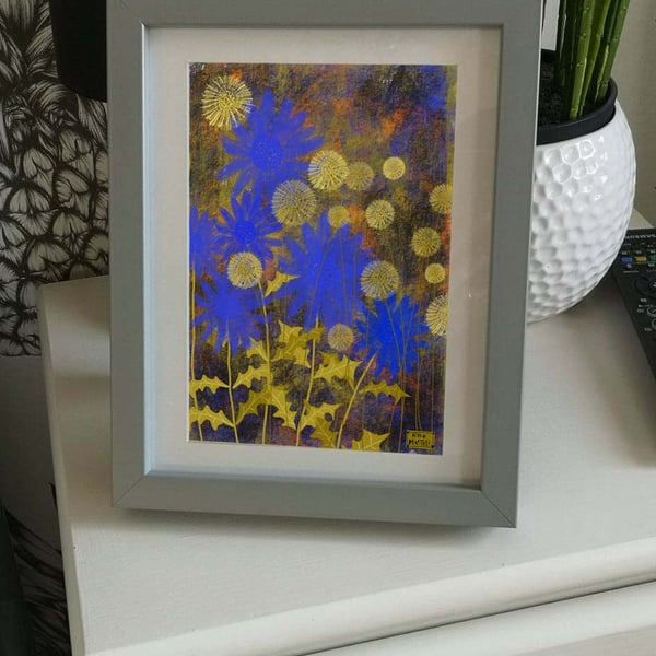 Azure blue flowers and gold dandelion print by Nina martell