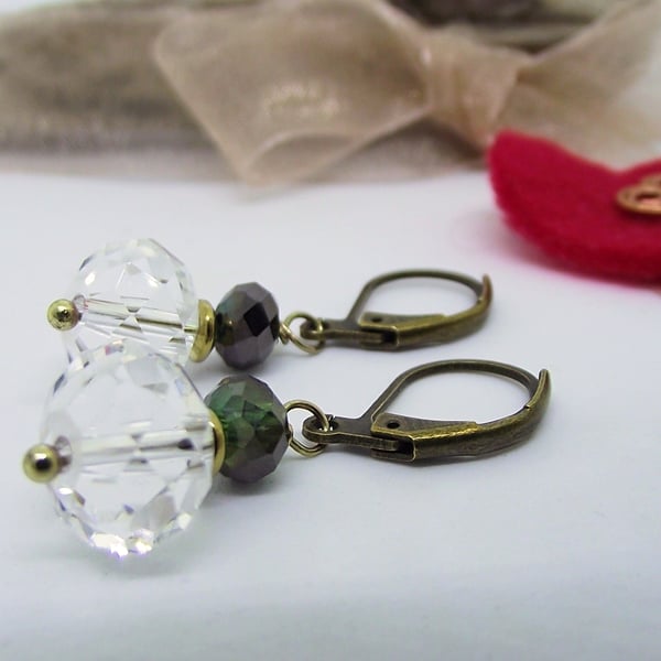 Earrings clear and dark green crystal bronze leverback vintage