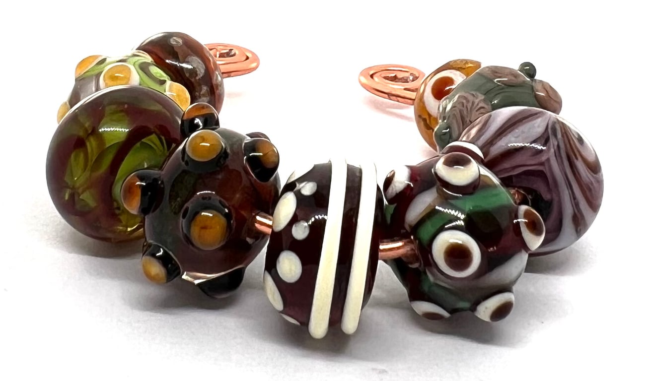 Handmade Lampwork Glass Beads – Earthy Chocolate Brown Moss Green & Amber Set o