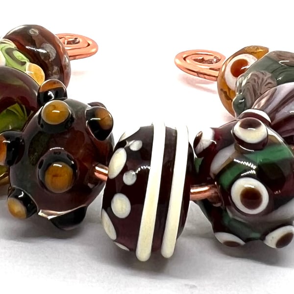 Handmade Lampwork Glass Beads – Earthy Chocolate Brown Moss Green & Amber Set o