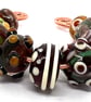 Handmade Lampwork Glass Beads – Earthy Chocolate Brown Moss Green & Amber Set o