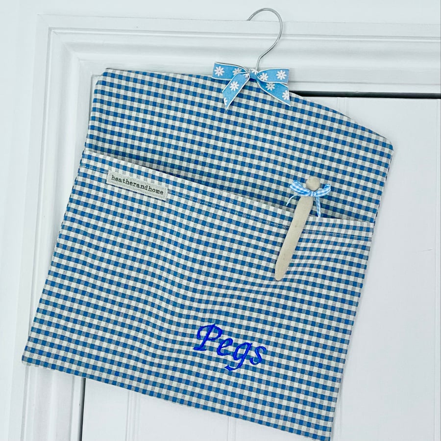 PEG BAG - blue gingham, embroidered