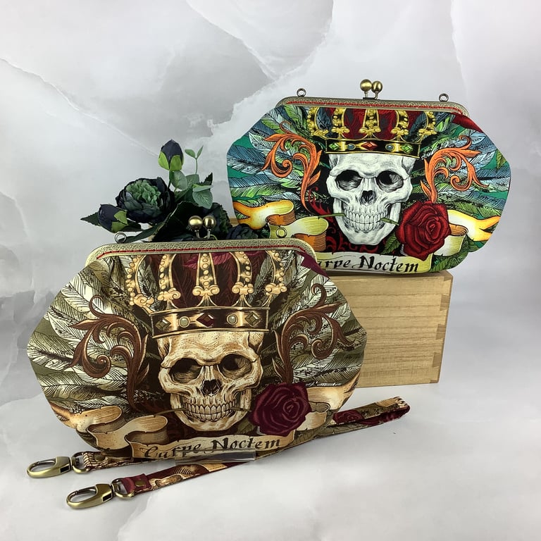 Crowned skull medium clutch handbag, Removable strap, 2 colour options