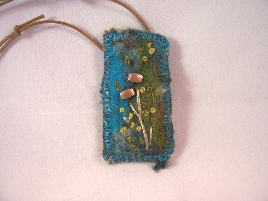 Needle felted and hand embroidered necklace with beads