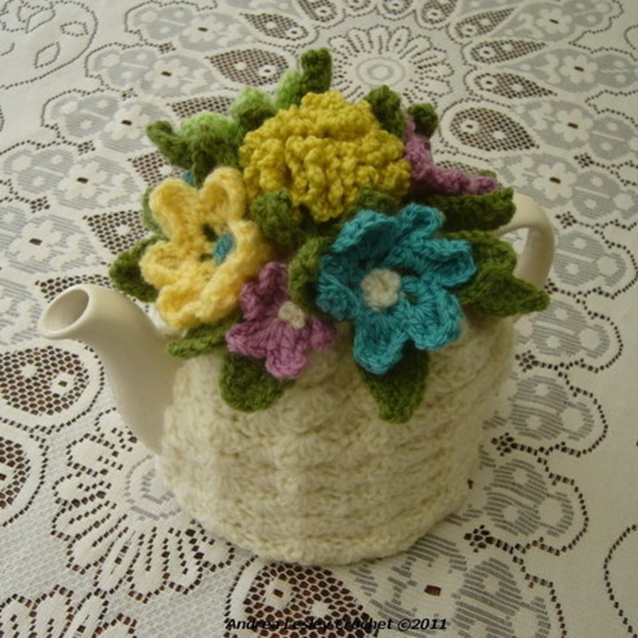 4-6 Cup Crochet Tea Cosy Cosie Cozy  Cream with flowers made to order