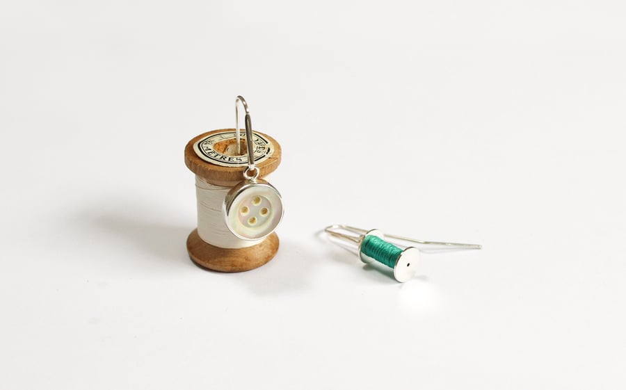 Haberdashery earrings, asymmetrical earring drops, cotton reel, vintage button