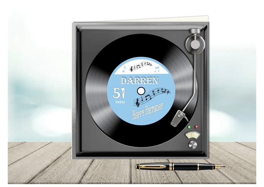 Personalised Vinyl Record on turntable birthday card with pale blue label 