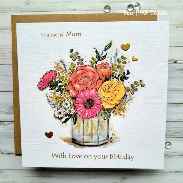 Birthday Card Mum - Jar of flowers, roses, gerbera, handcrafted, 3D card