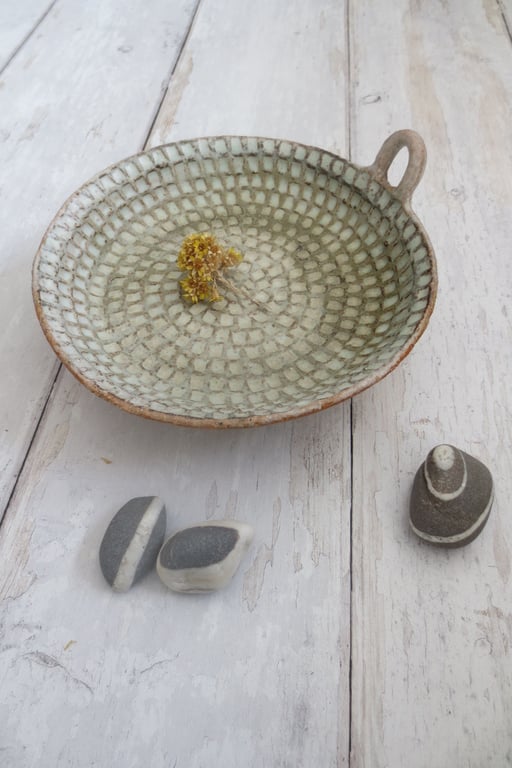 CANDLE DISH hand-built stoneware pottery in pale sea green