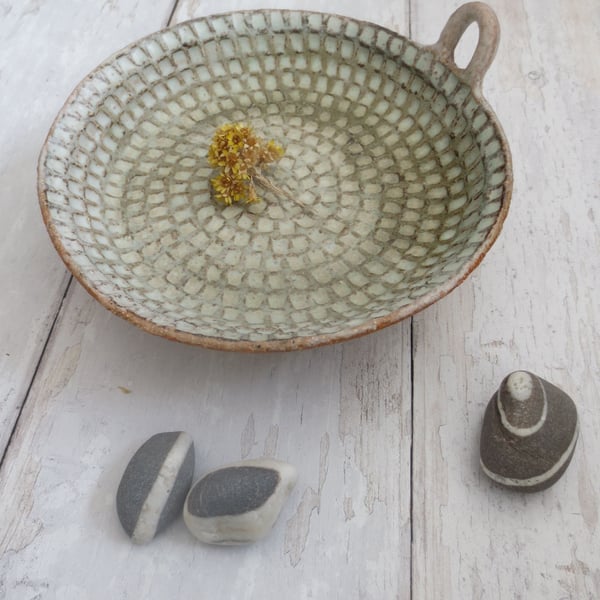 CANDLE DISH hand-built stoneware pottery in pale sea green