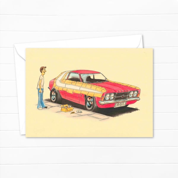 Seventies Car Greetings Card: Hand Drawn Pencil Illustration (307)