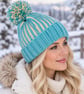 Ladies Chunky Hand-knitted Bobble Hat, Aqua Blue and Cream Brioche Rib Design 