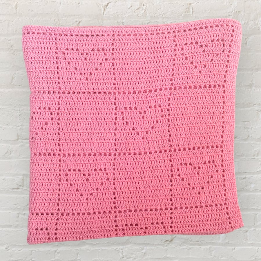 Pink Crochet Cot Blanket - Heart Pattern Baby Blanket - Handmade 36x36 Inches
