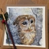 Original watercolour Christmas card of owl