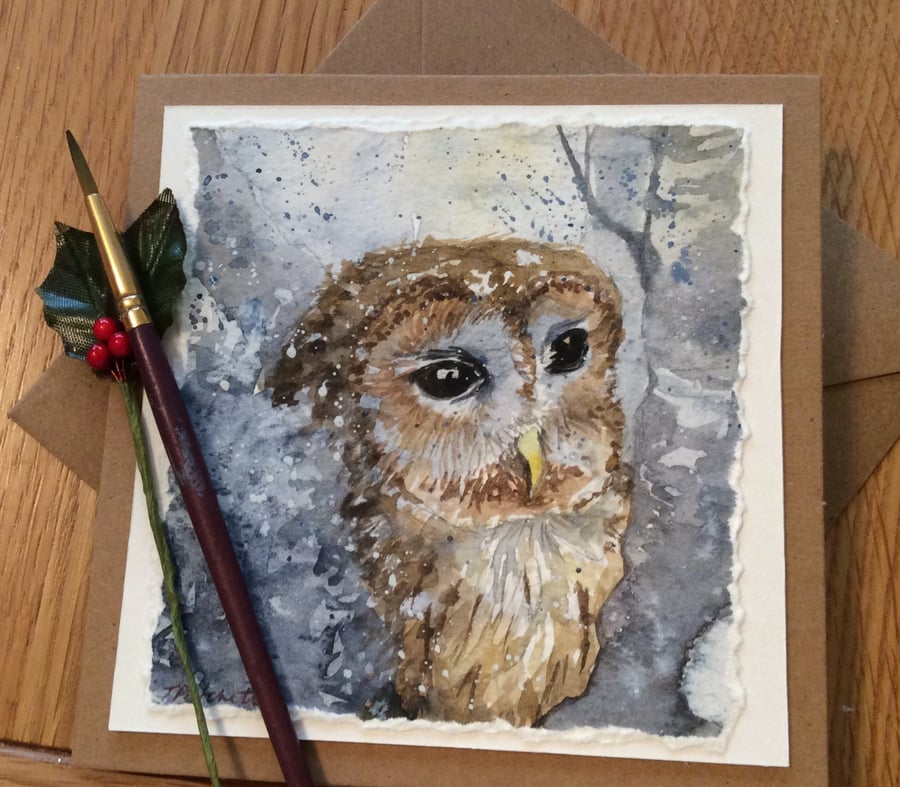 Original watercolour Christmas card of owl