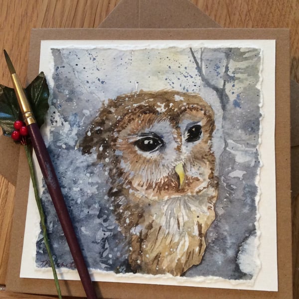 Original watercolour Christmas card of owl