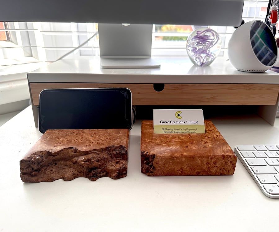 Wood Business Card Holder and Phone Holder in Solid Elm Burl