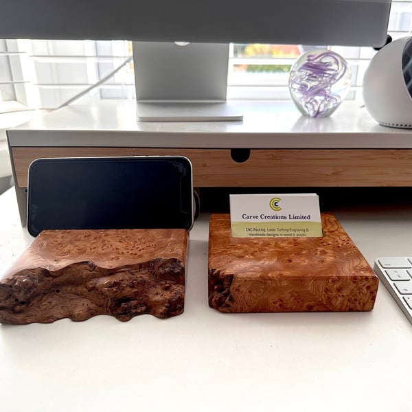 Wood Business Card Holder and Phone Holder in Solid Elm Burl